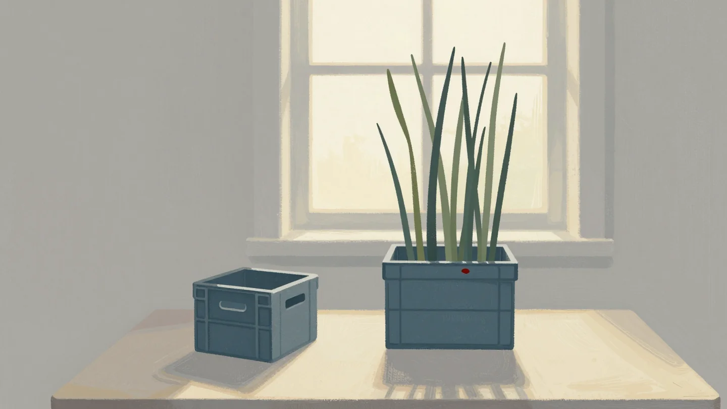 Gouache painting: on a farm table stand a short crate and a tall crate