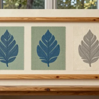 Three leaf-pattern cloth samples mounted together in a wooden frame on a workshop bench.