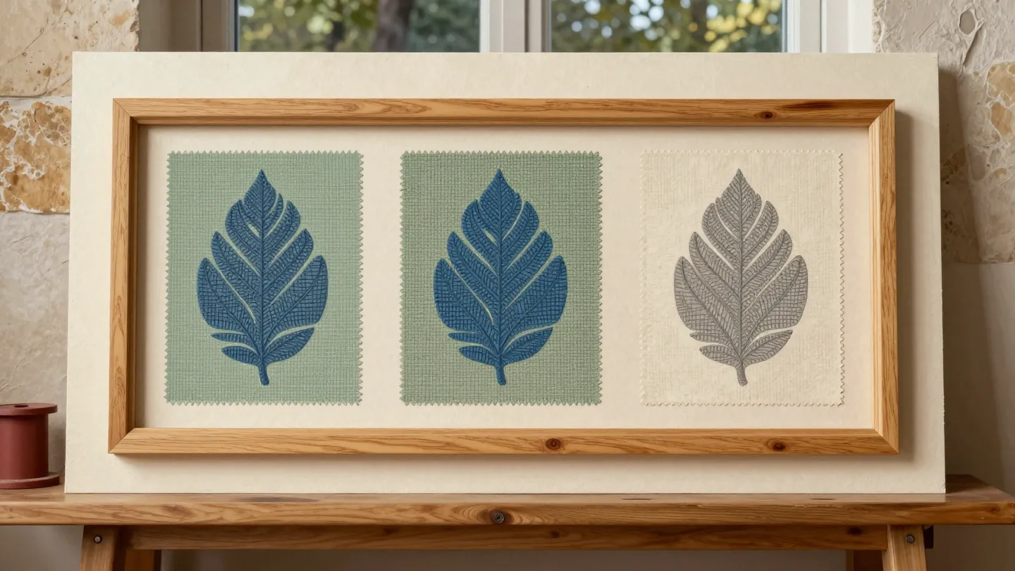 Three leaf-pattern cloth samples mounted together in a wooden frame on a workshop bench.