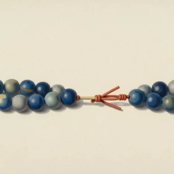 Two clusters of blue and pale beads on a linen strip separated by terracotta cord knots.