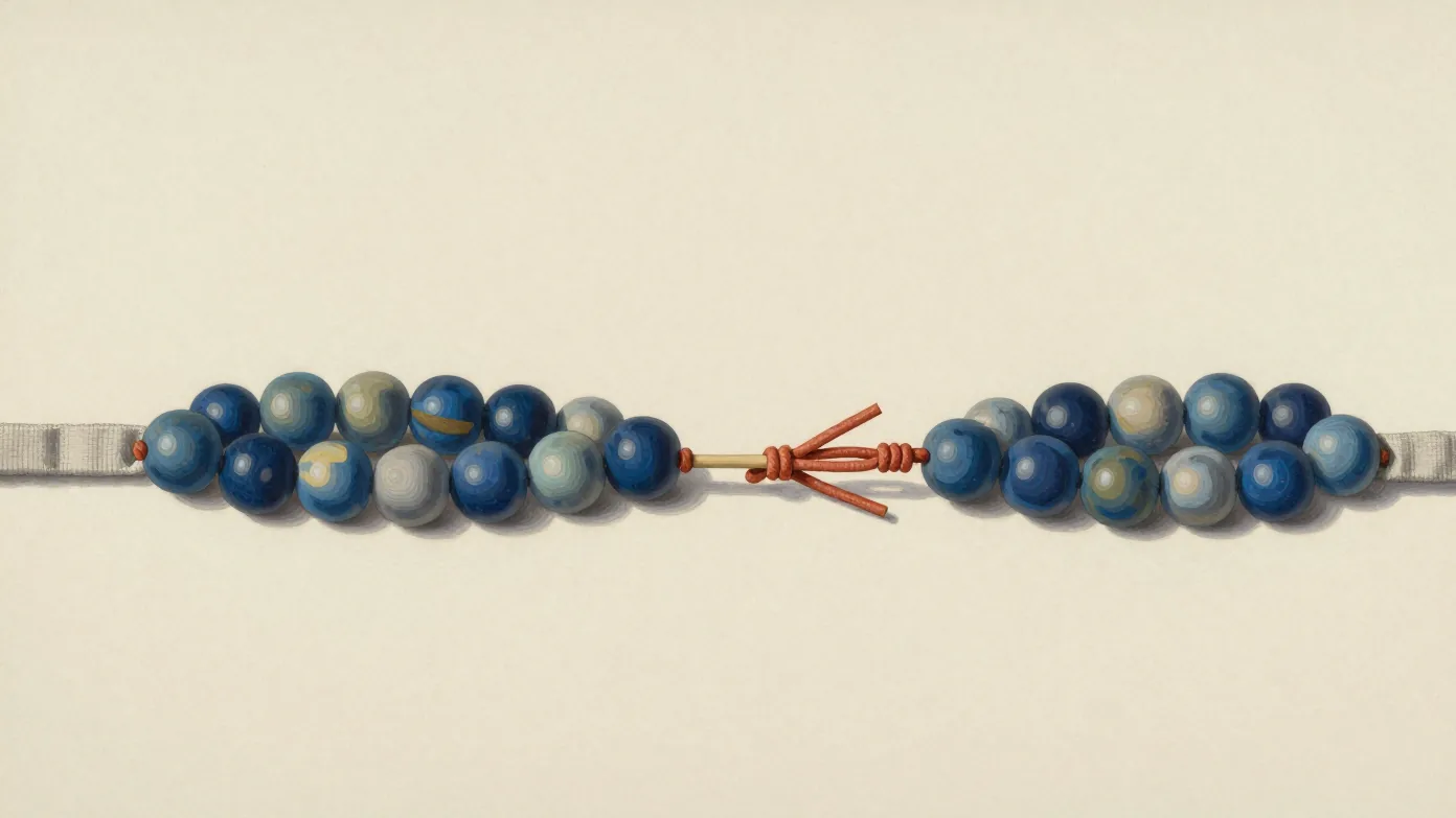 Two clusters of blue and pale beads on a linen strip separated by terracotta cord knots.