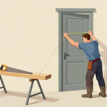 A carpenter measuring an old doorway with a stretched string, fresh timber waiting uncut on trestles.