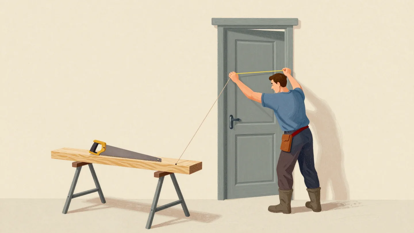 A carpenter measuring an old doorway with a stretched string, fresh timber waiting uncut on trestles.