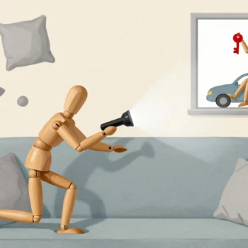 A wooden mannequin hunts under sofa cushions while a small mannequin outside holds up the red car keys