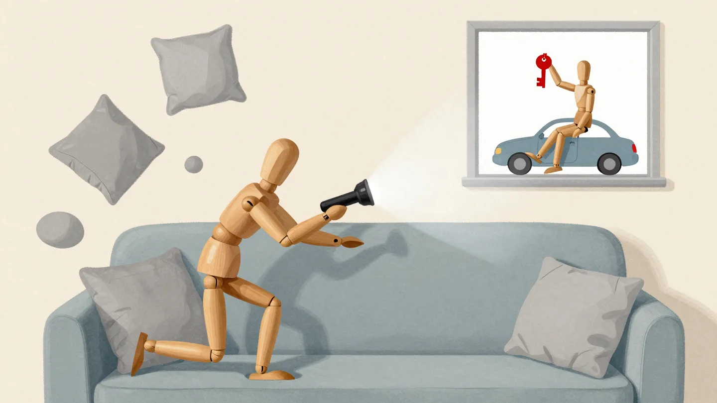 A wooden mannequin hunts under sofa cushions while a small mannequin outside holds up the red car keys