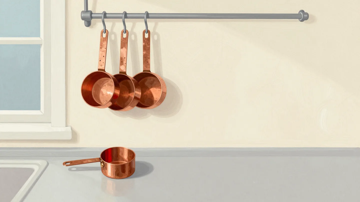 A nested set of copper measuring cups on a hook, with one stray cup from a different set lying on the counter below.