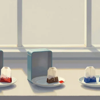 Gouache painting: on a tea shop counter three tea tins stand open on the left