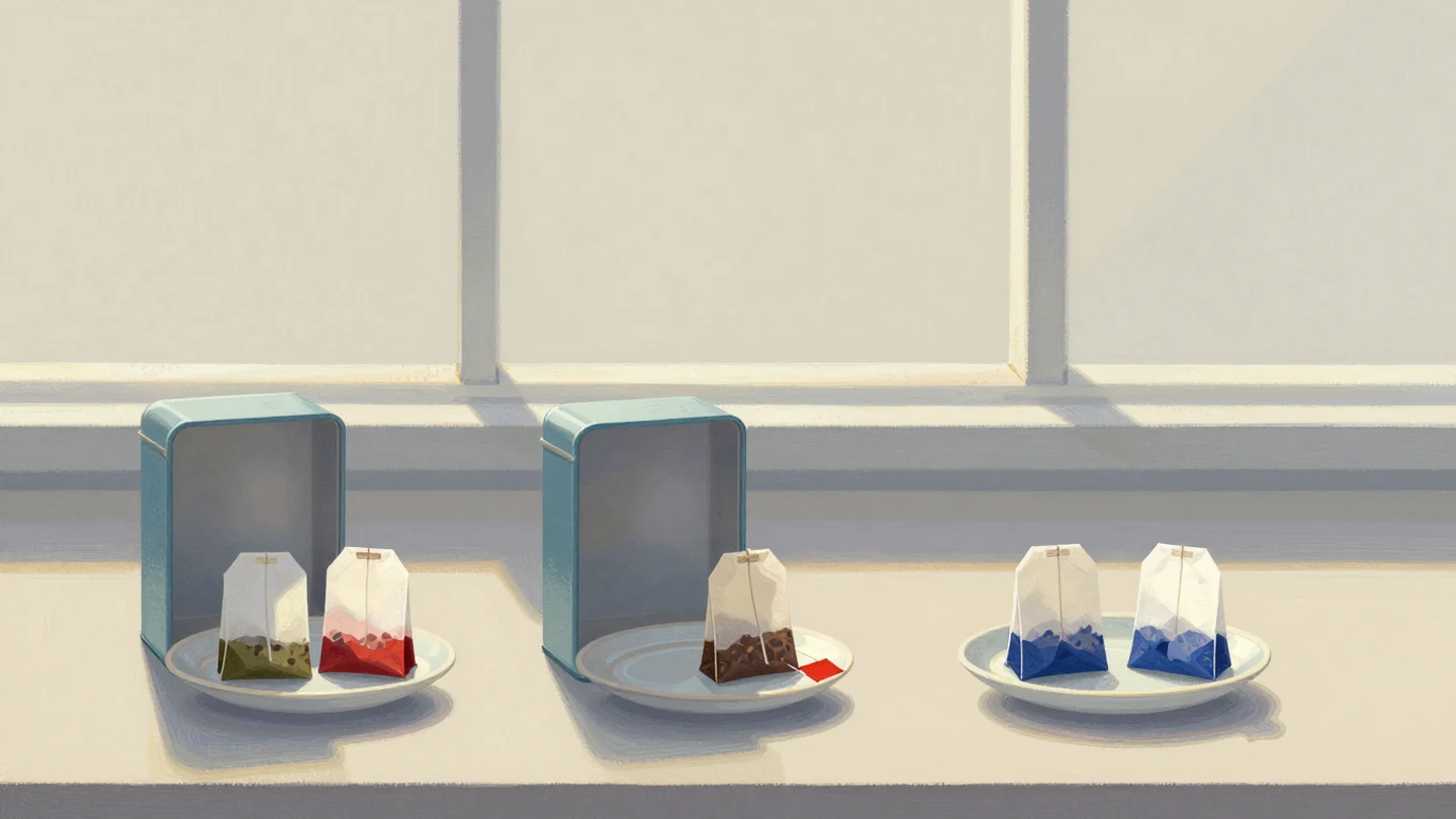 Gouache painting: on a tea shop counter three tea tins stand open on the left