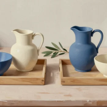 Two trays pair a blue bowl with a cream jug and a blue jug with a cream bowl.