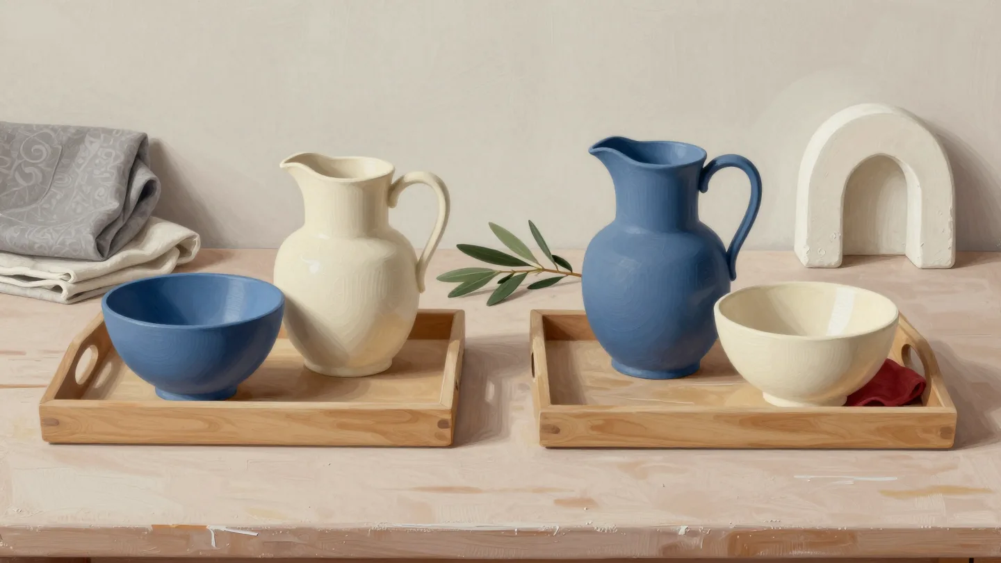 Two trays pair a blue bowl with a cream jug and a blue jug with a cream bowl.