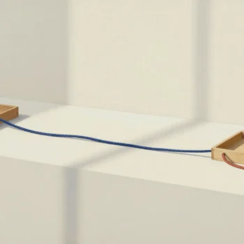 Two shallow wooden trays on pale surfaces, connected by a blue cord, with a terracotta cord passing through the right tray.
