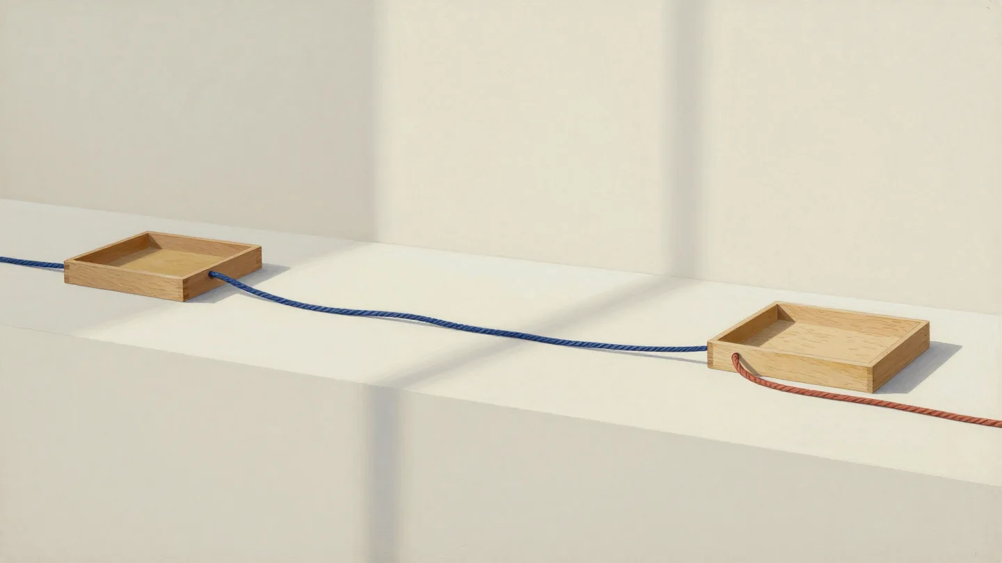 Two shallow wooden trays on pale surfaces, connected by a blue cord, with a terracotta cord passing through the right tray.