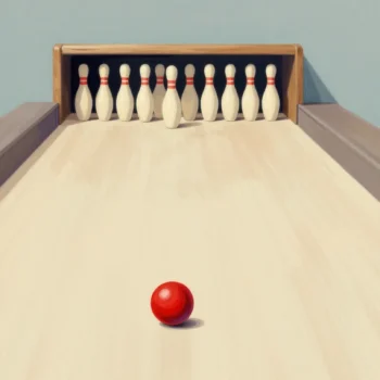 Skittles set in a triangle with two gaps in the middle, a red ball waiting at the near end before any throw.