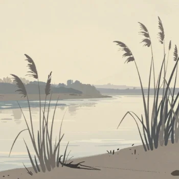 Gouache painting: beside a river, a thin reed clump and a dense tall one both lean left with the current