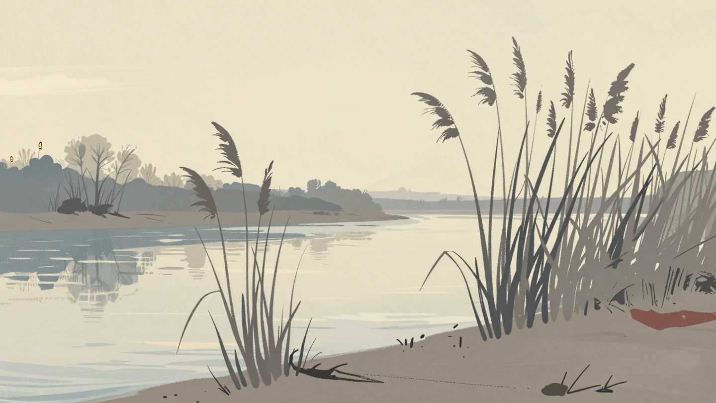 Gouache painting: beside a river, a thin reed clump and a dense tall one both lean left with the current