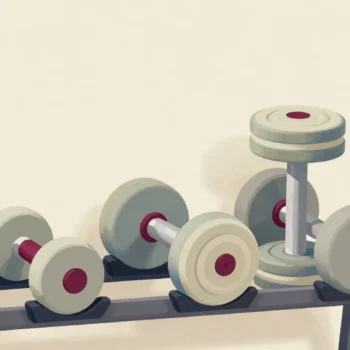 Three dumbbells on a rack, the smallest newly fitted with extra plates held by a red collar