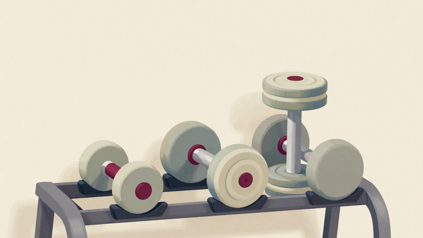 Three dumbbells on a rack, the smallest newly fitted with extra plates held by a red collar