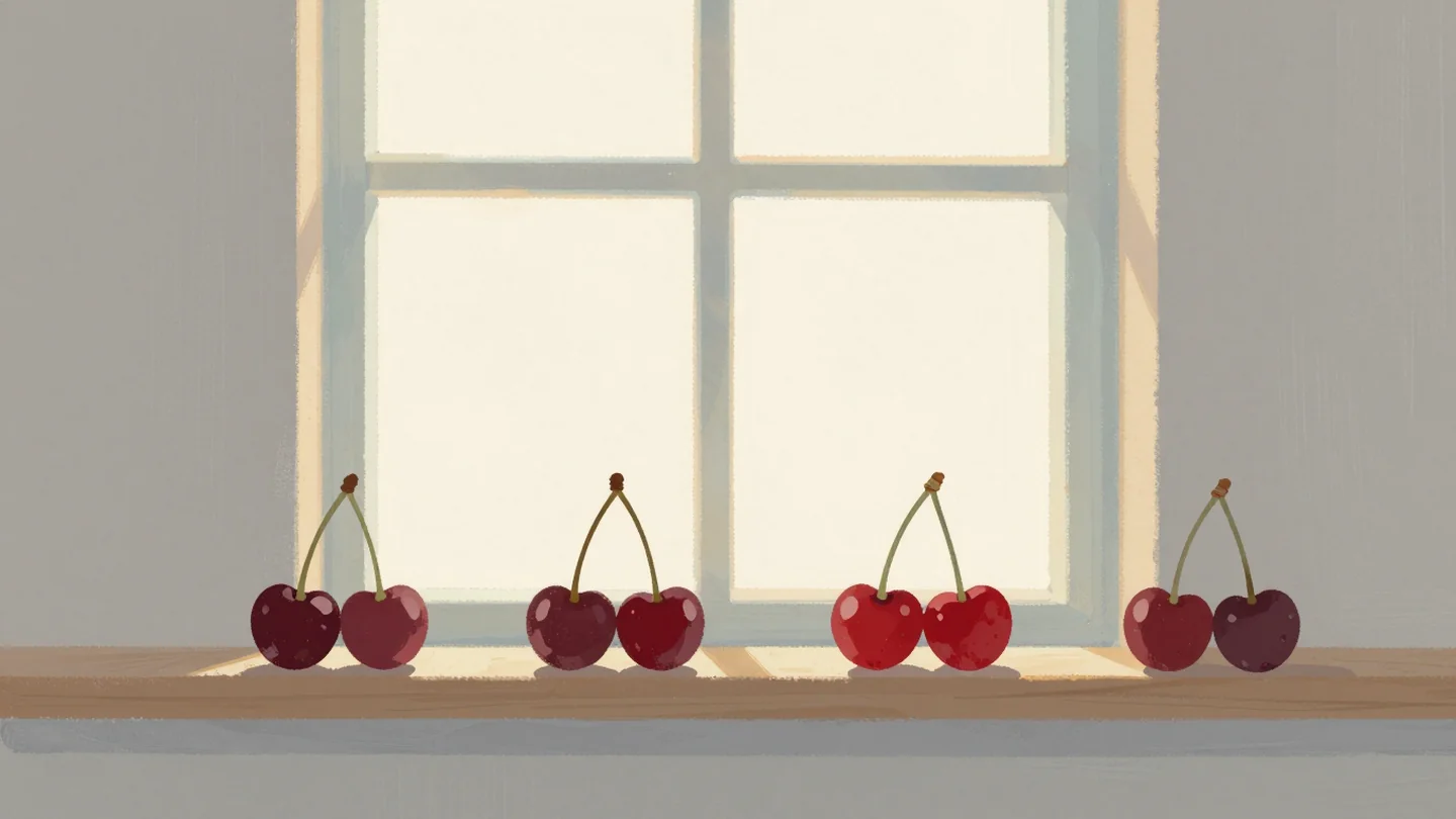 Gouache painting: four pairs of cherries hang joined at the stem on a wooden rail