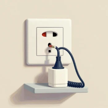 A travel plug held in front of a wall socket of a different shape, with the right adapter resting on a shelf below