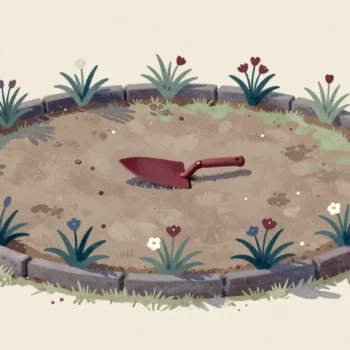 Garden edging with the flowers outside the ring and bare soil inside