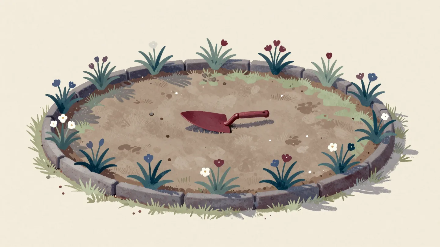 Garden edging with the flowers outside the ring and bare soil inside
