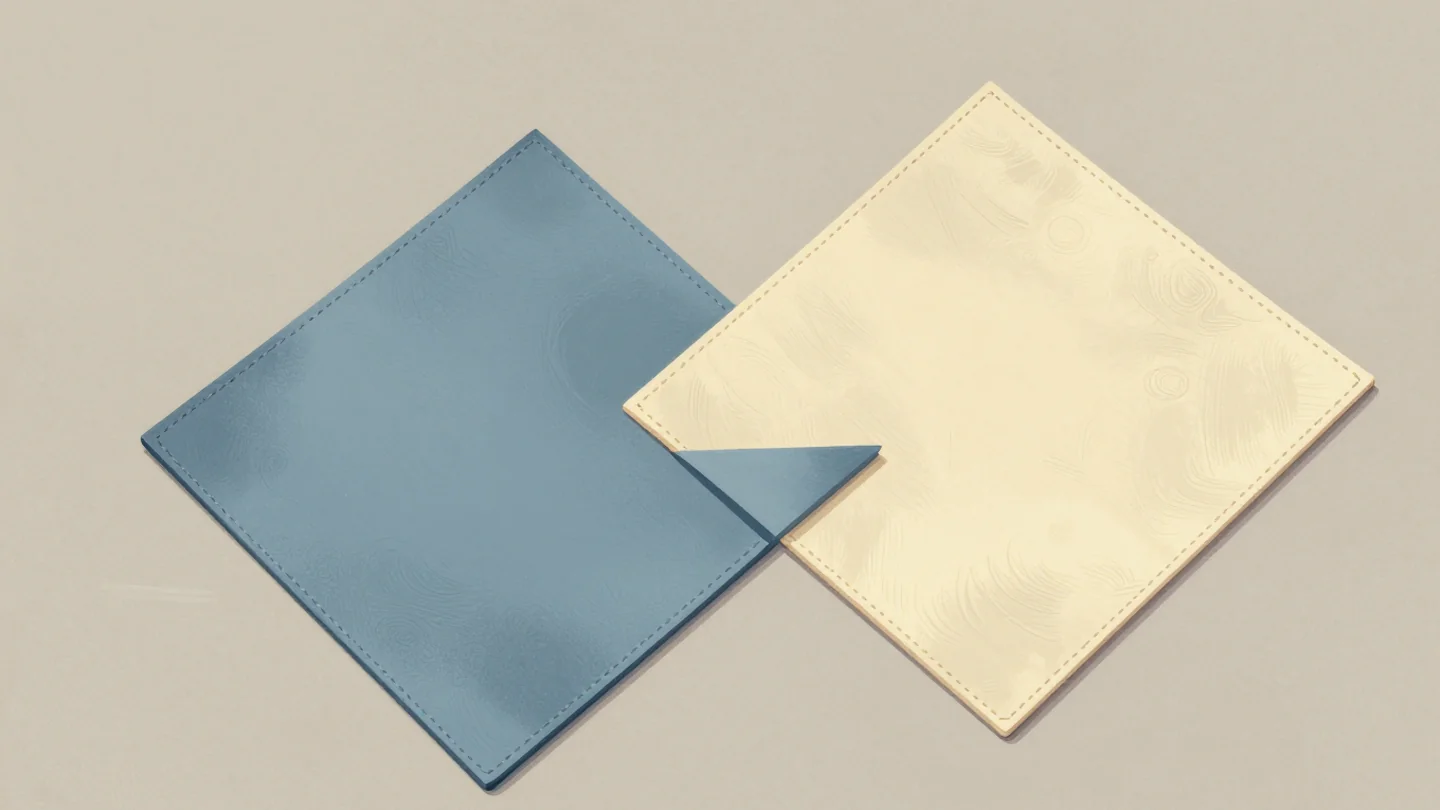 Gouache painting: two squares of leather overlapped in the middle of a cutting table, one slate blue and one cream, offset diagonally