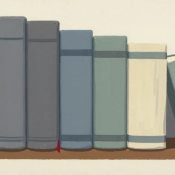 Rich still life of five upright slate, sage and ivory books beside a leaning book and an oak bookend.