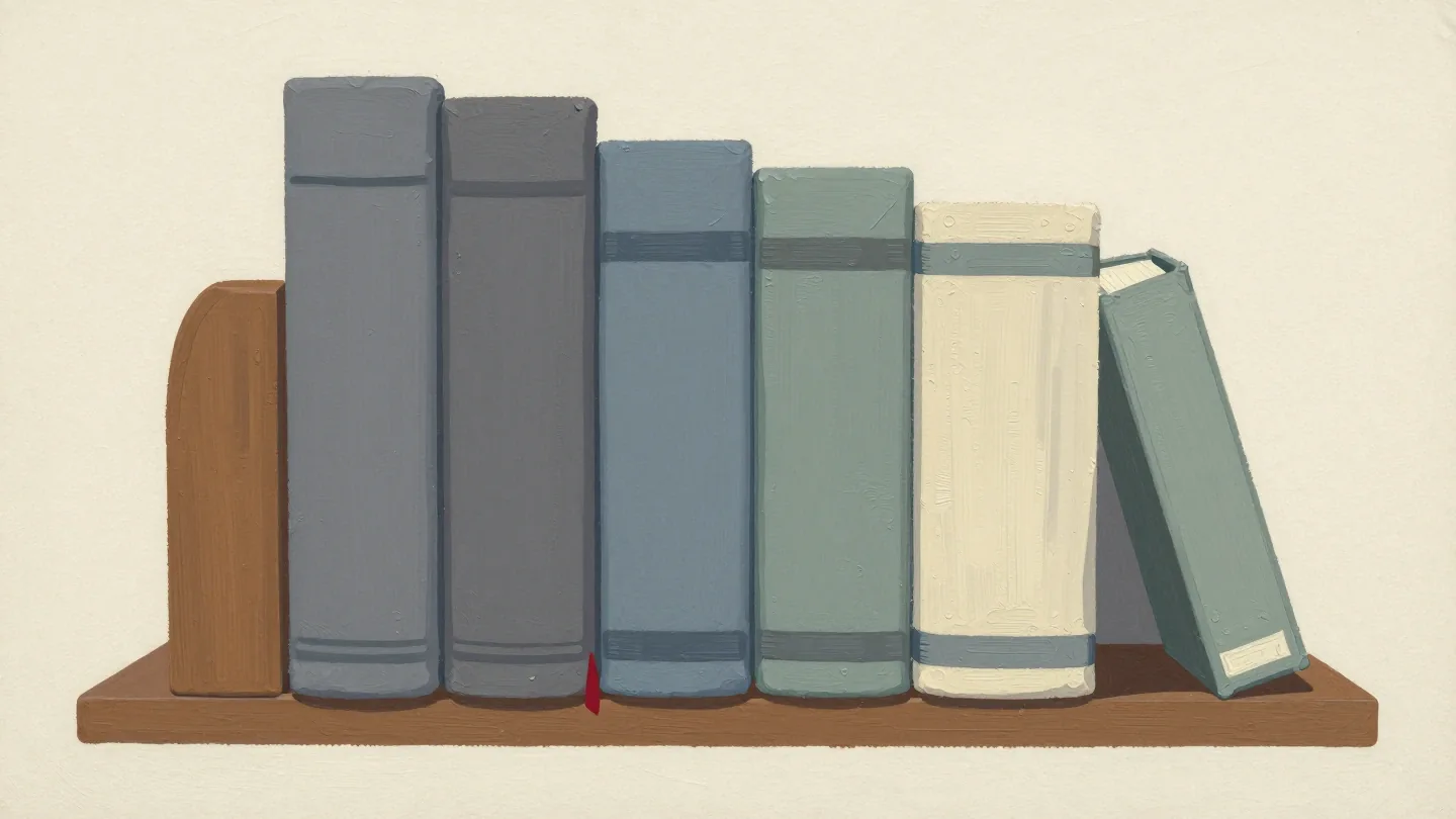 Rich still life of five upright slate, sage and ivory books beside a leaning book and an oak bookend.