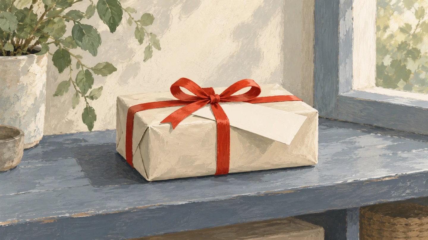 Gouache painting of a closed parcel tied with a red ribbon, illustrating INSERT OUTPUT results released after commit.