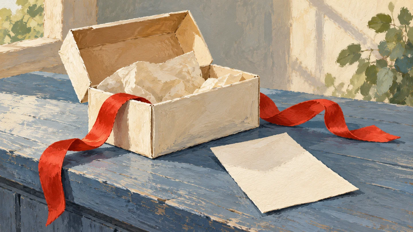 Gouache painting of an open parcel with a loose red ribbon and blank receipt, illustrating INSERT OUTPUT before commit.