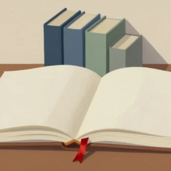 Rich still life of an open blank folio with a red bookmark and four closed slate and sage books.