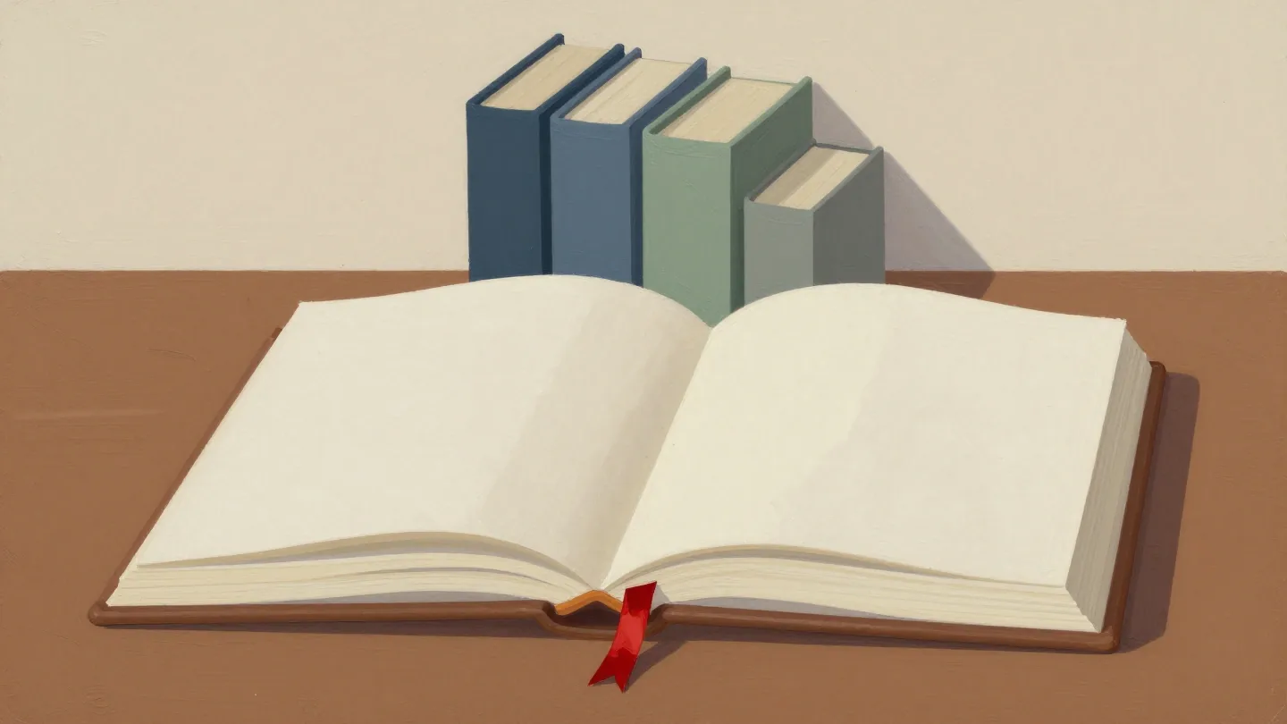 Rich still life of an open blank folio with a red bookmark and four closed slate and sage books.