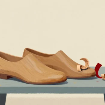 A cobbler's bench with a worn standard shoe last and a freshly carved custom last among wood shavings.