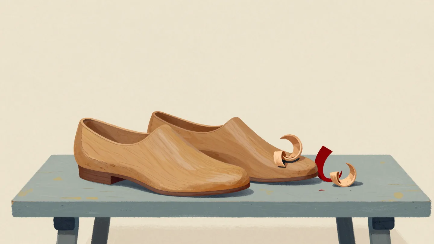 A cobbler's bench with a worn standard shoe last and a freshly carved custom last among wood shavings.
