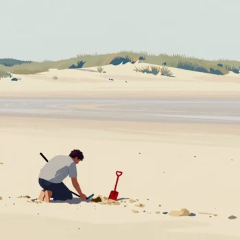 A figure with a metal detector digging at the first spot near the dunes, a vast unexplored beach beyond.
