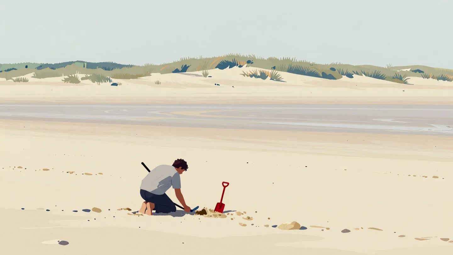 A figure with a metal detector digging at the first spot near the dunes, a vast unexplored beach beyond.