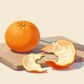 A round peeled orange beside its peel pressed flat into split, gapping segments on a cutting board.