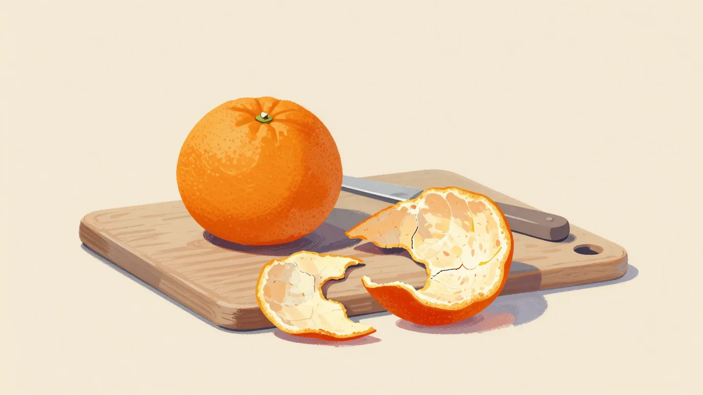 A round peeled orange beside its peel pressed flat into split, gapping segments on a cutting board.