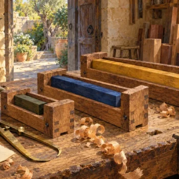 Three wooden gauges with finite end stops and fitted measuring bars in a sunlit workshop.