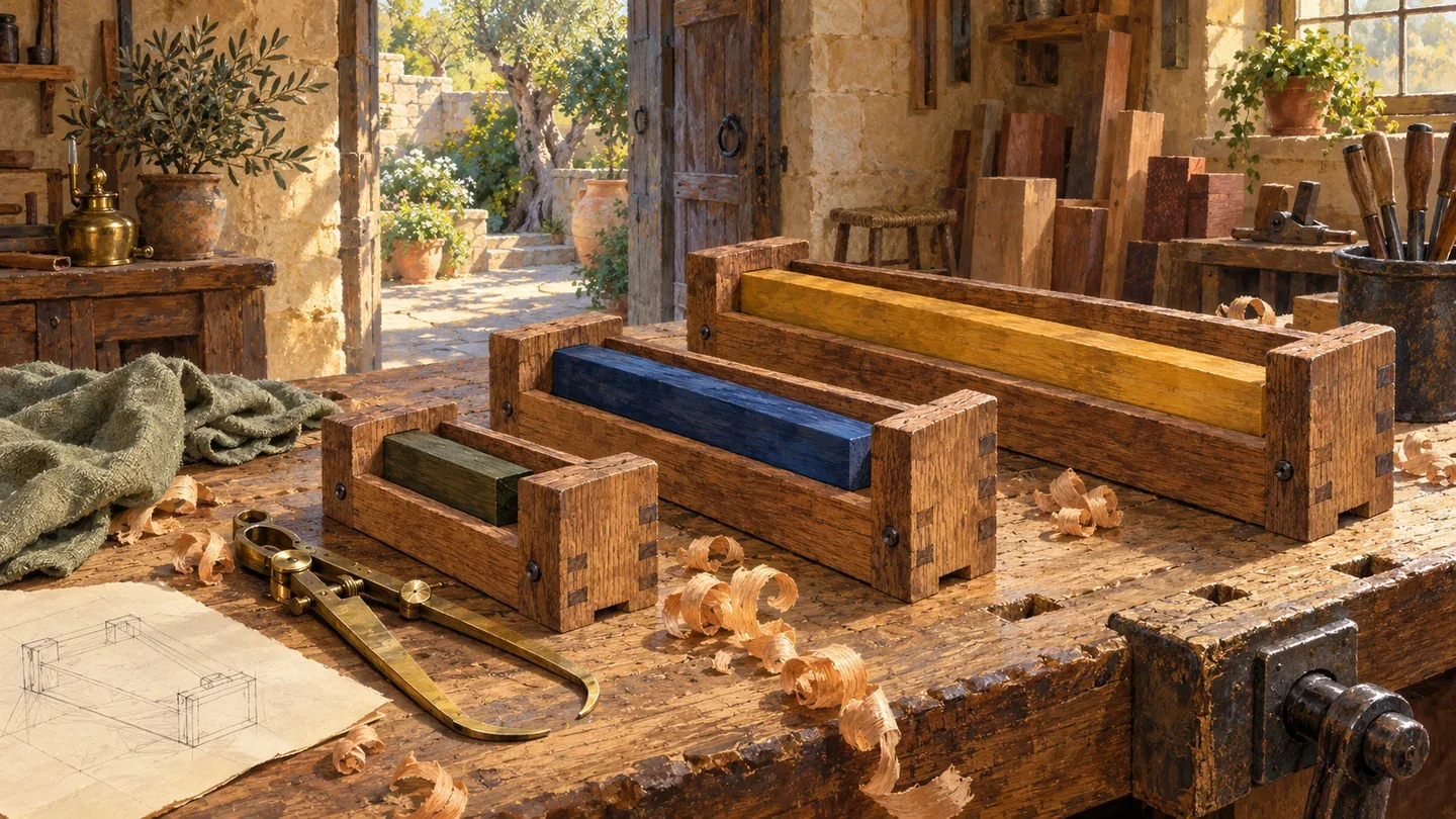 Three wooden gauges with finite end stops and fitted measuring bars in a sunlit workshop.