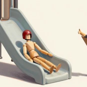 A wooden mannequin in a red helmet slides safely down a railed slide while another gives a thumbs up