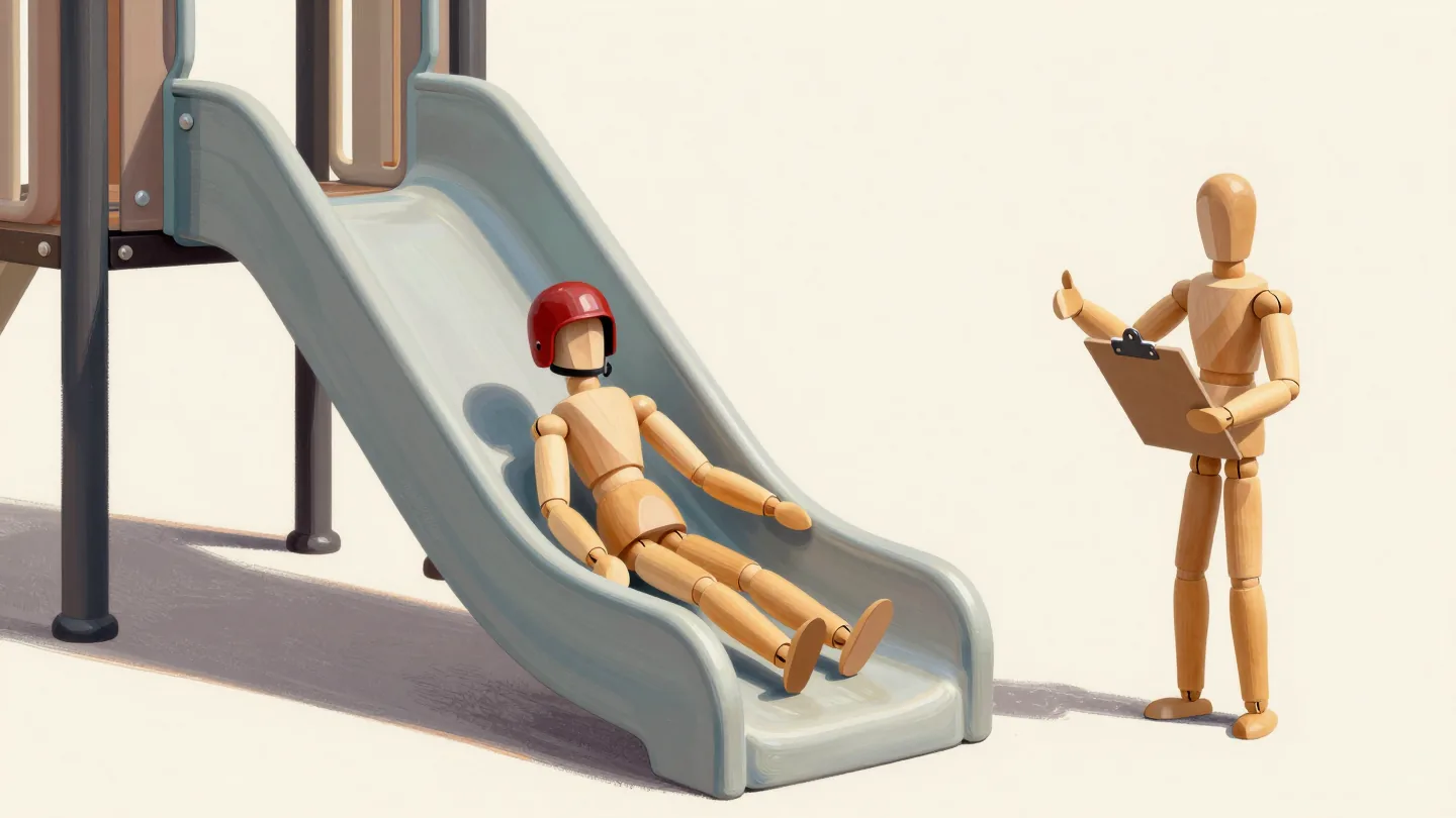 A wooden mannequin in a red helmet slides safely down a railed slide while another gives a thumbs up