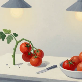 Gouache painting: on a market stall board a short branch of tomato vine has just been cut by a small knife, keeping its green stem, two leaves and a cluster of ripe red tomatoes still attached