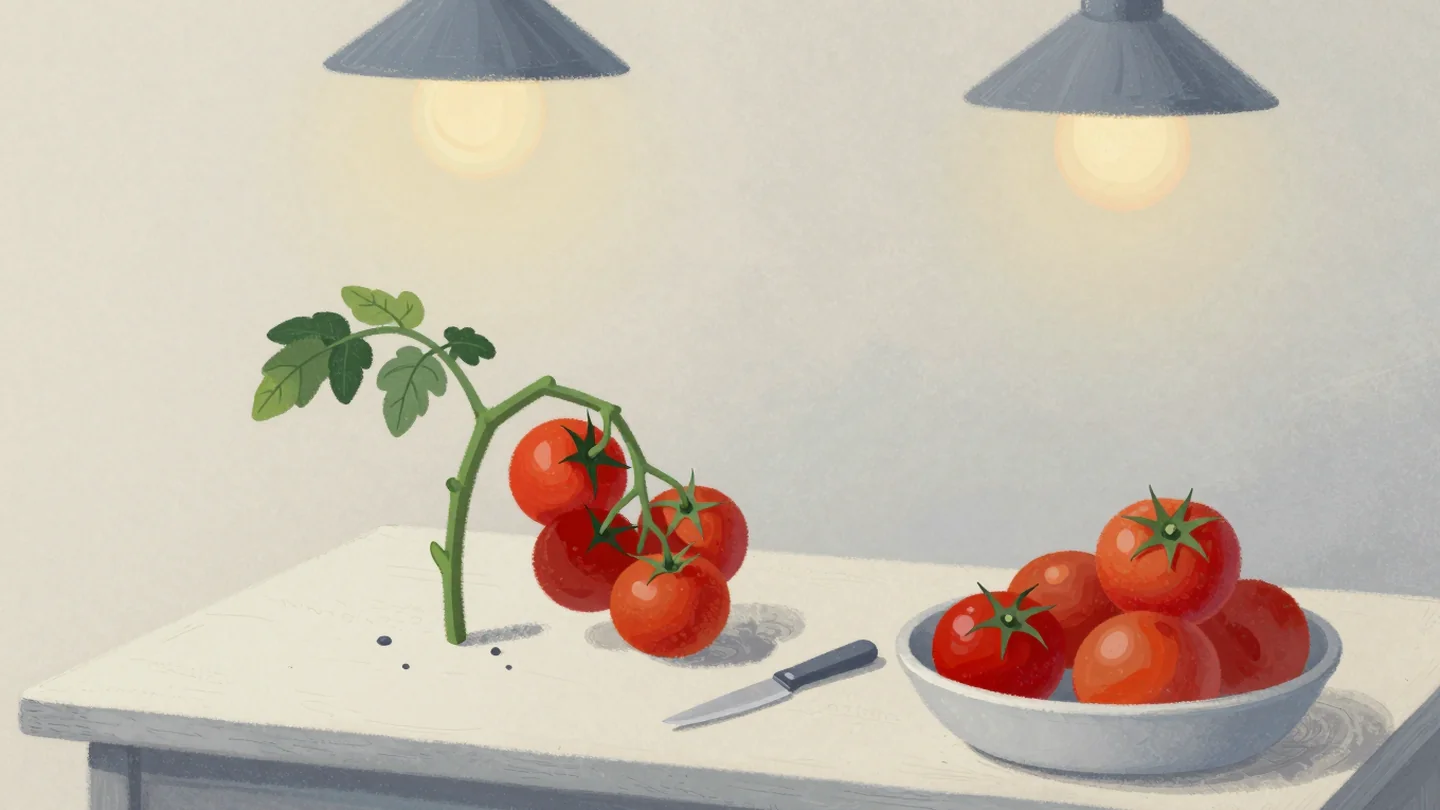 Gouache painting: on a market stall board a short branch of tomato vine has just been cut by a small knife, keeping its green stem, two leaves and a cluster of ripe red tomatoes still attached
