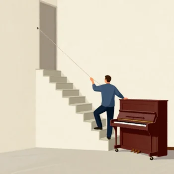 An upright piano on a dolly at the foot of narrow stairs while a mover measures the doorway with a string