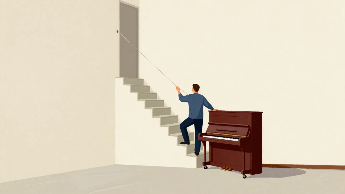 An upright piano on a dolly at the foot of narrow stairs while a mover measures the doorway with a string