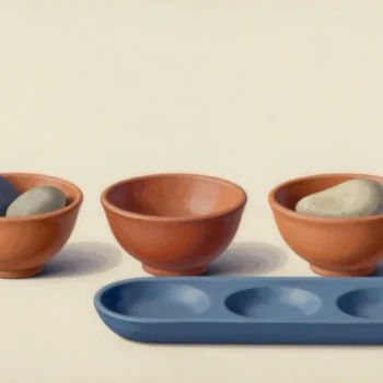 Three terracotta bowls, one empty, beside a blue tray with three circular recesses.