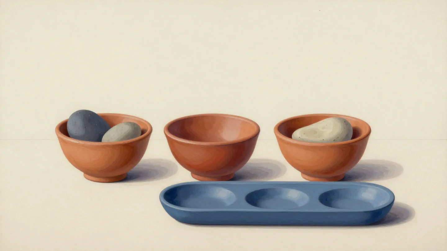 Three terracotta bowls, one empty, beside a blue tray with three circular recesses.