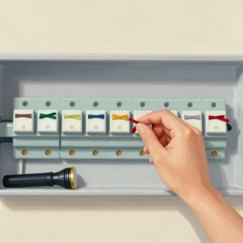 A hand tying colored ribbons to the switches inside an open household fuse box