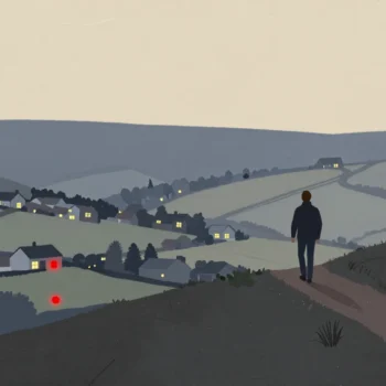A walker on a hillside at dusk looking over scattered village lights, the nearest one glowing red below the path.